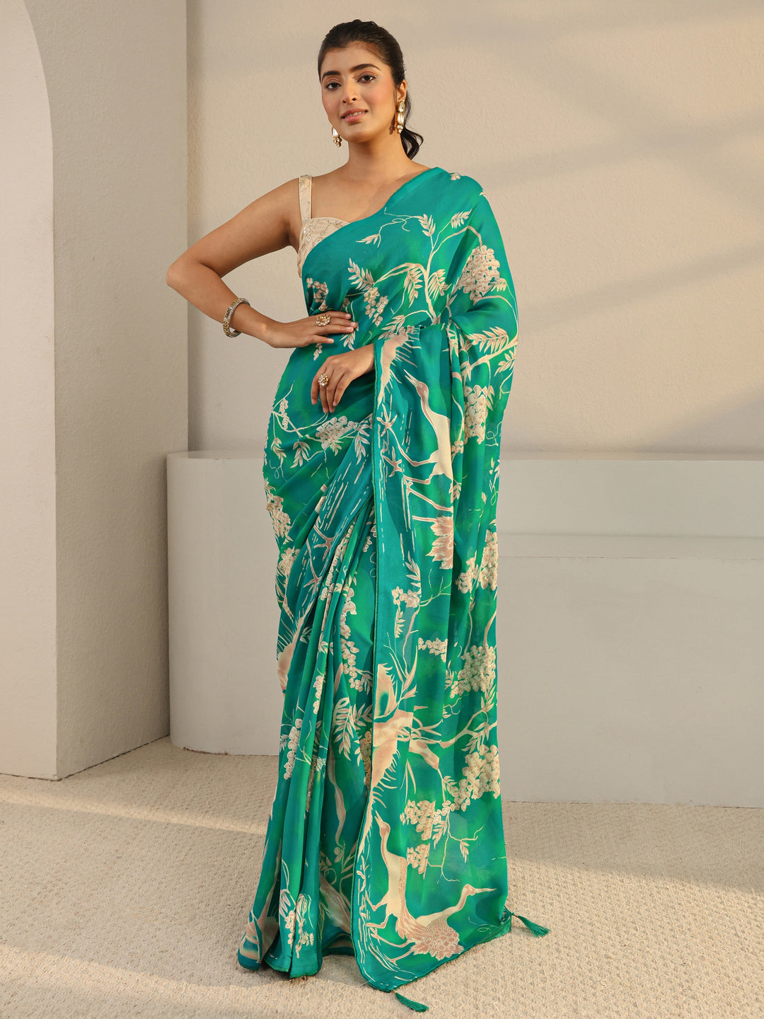  Libas Green Floral Printed Georgette Tassel Saree With Unstitched Blouse Piece 