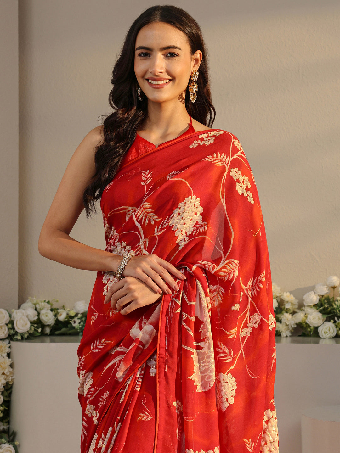  Red Quirky Printed Georgette Saree With Unstitched Blouse Piece 