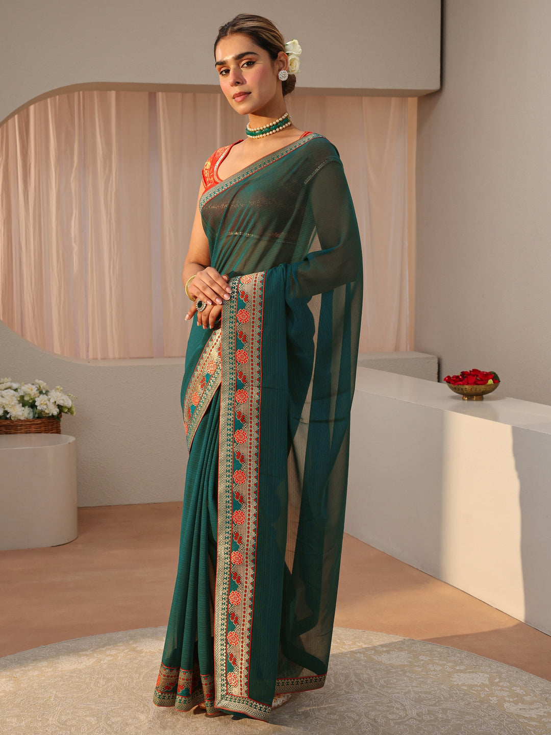  Green Georgette Saree With Floral Border 