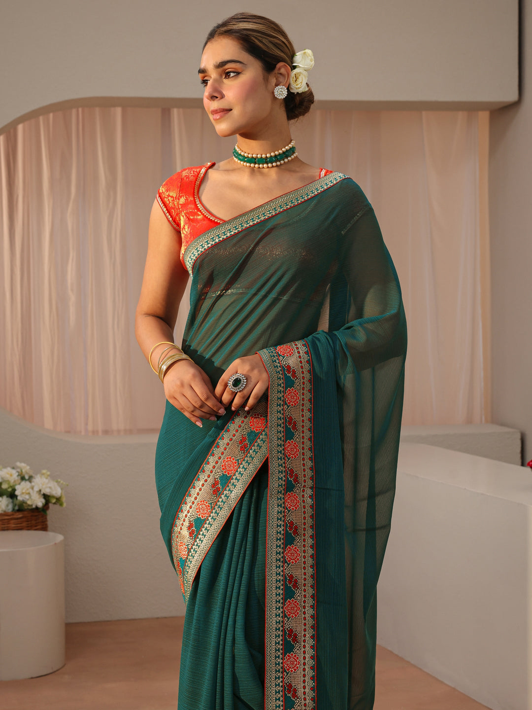  Green Georgette Saree With Floral Border 