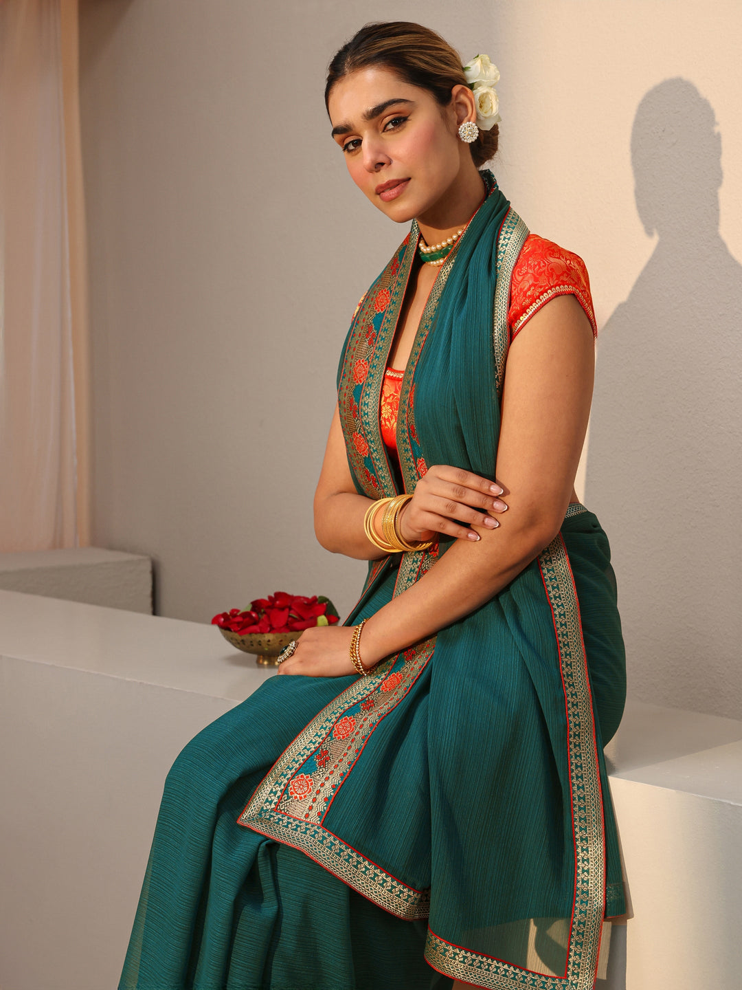  Green Georgette Saree With Floral Border 
