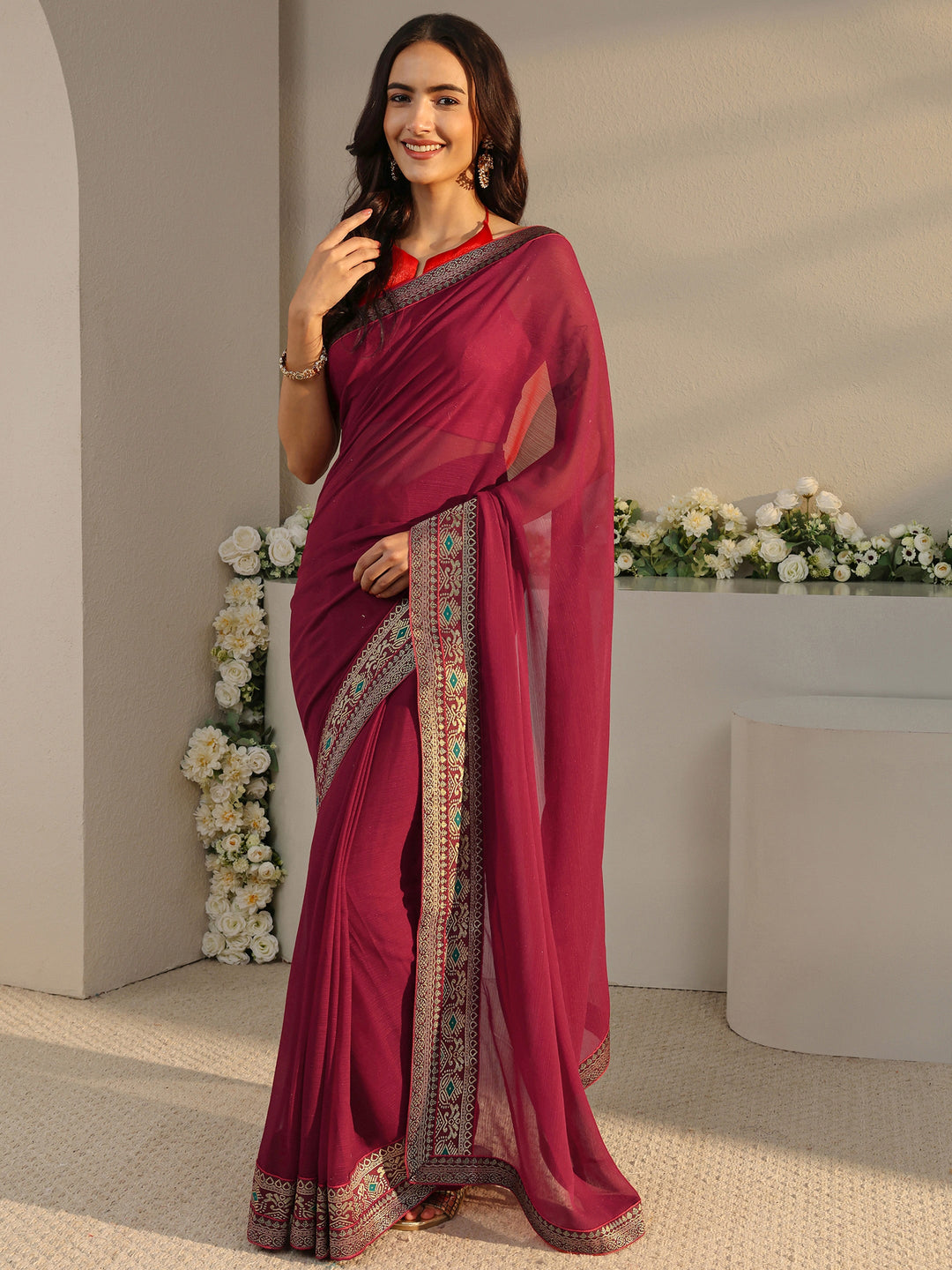  Maroon Solid Georgette Saree With Unstitched Blouse Piece 