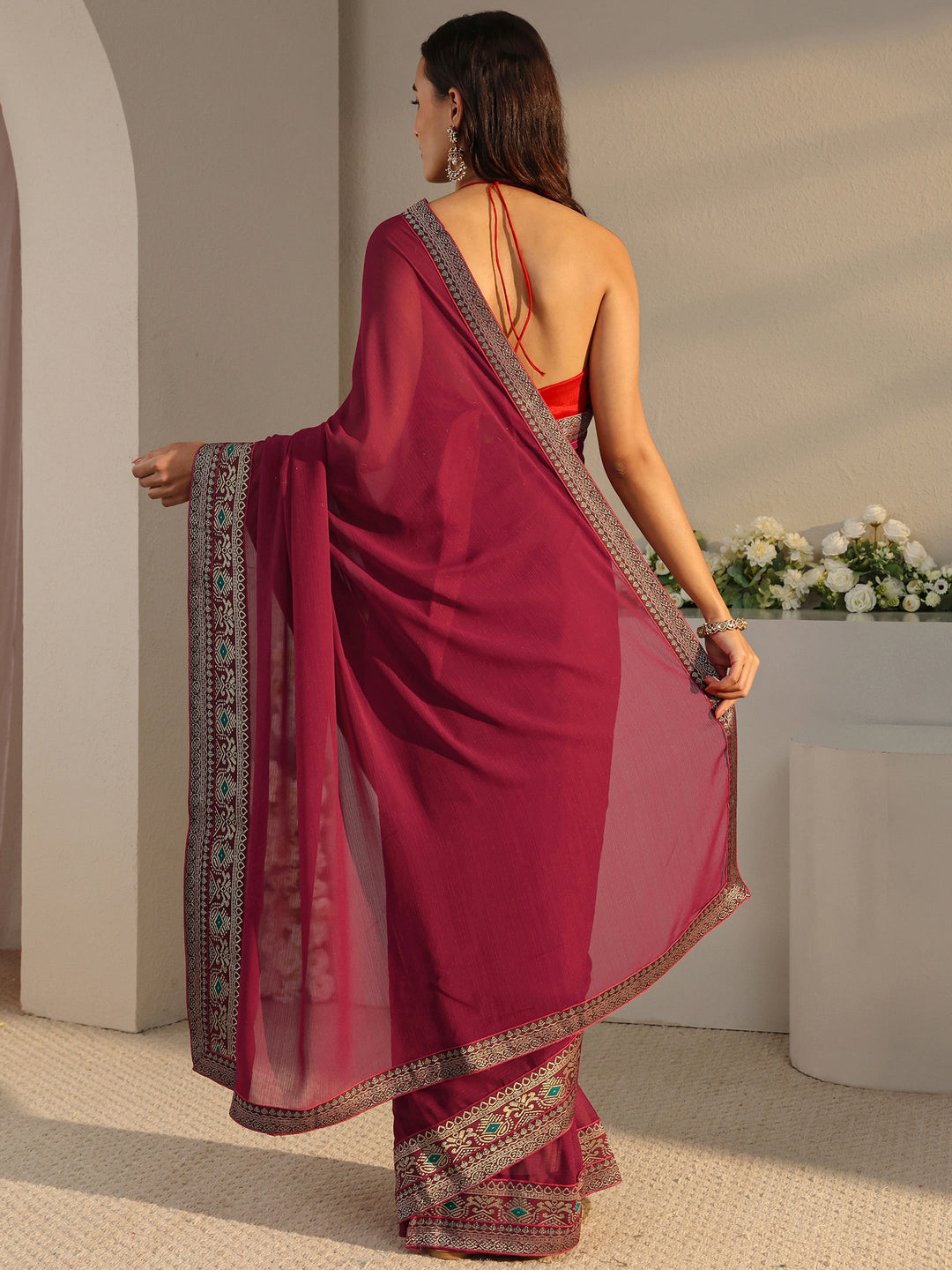  Maroon Solid Georgette Saree With Unstitched Blouse Piece 