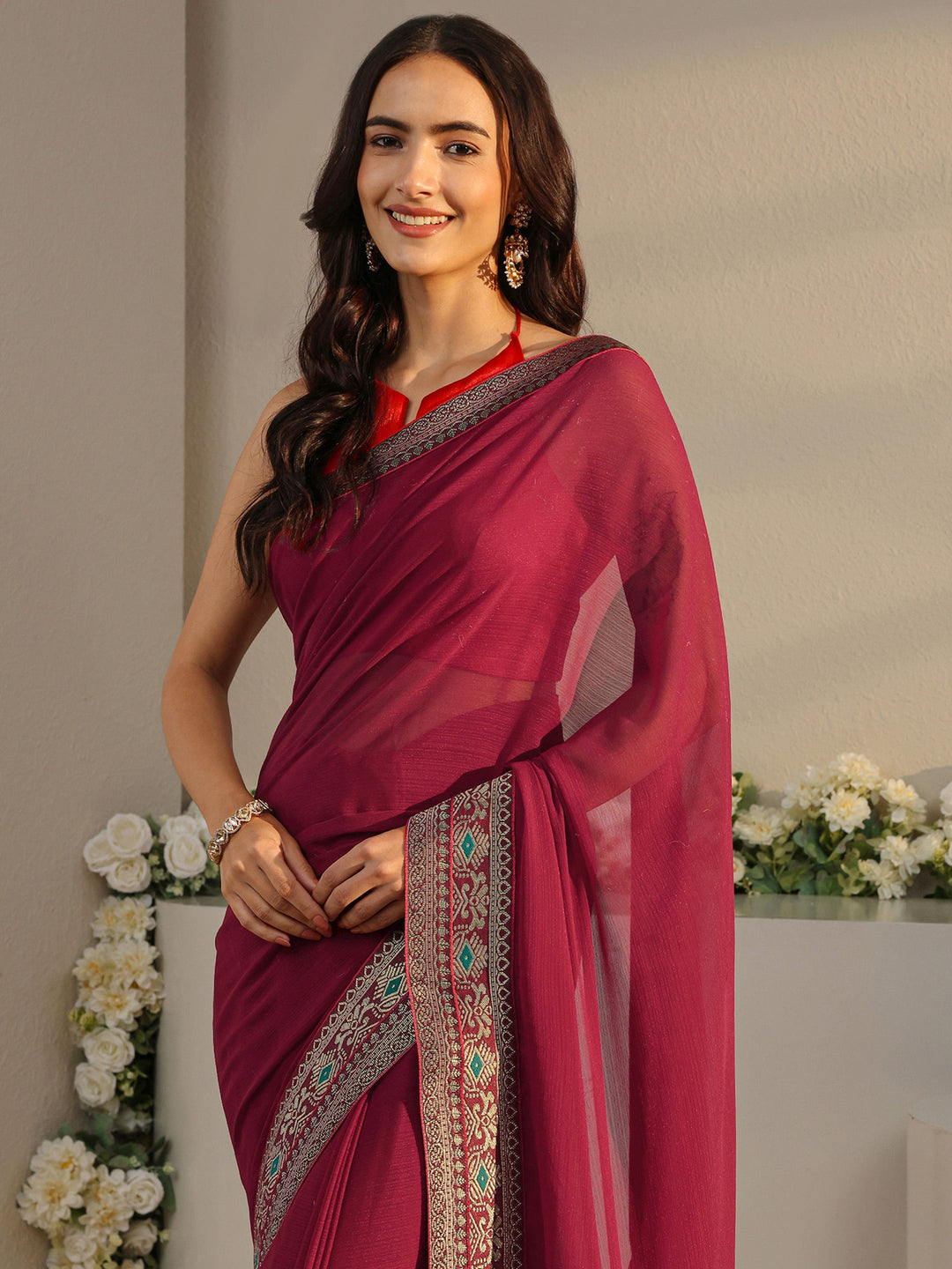  Maroon Solid Georgette Saree With Unstitched Blouse Piece 