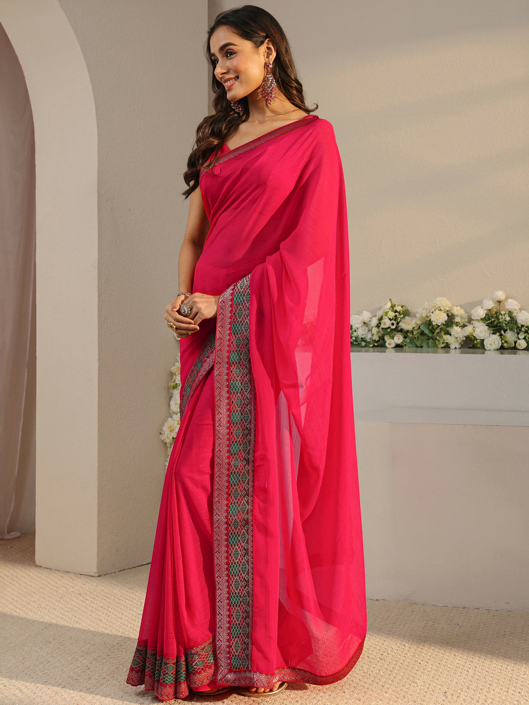  Pink Solid Georgette Saree With Unstitched Blouse Piece 