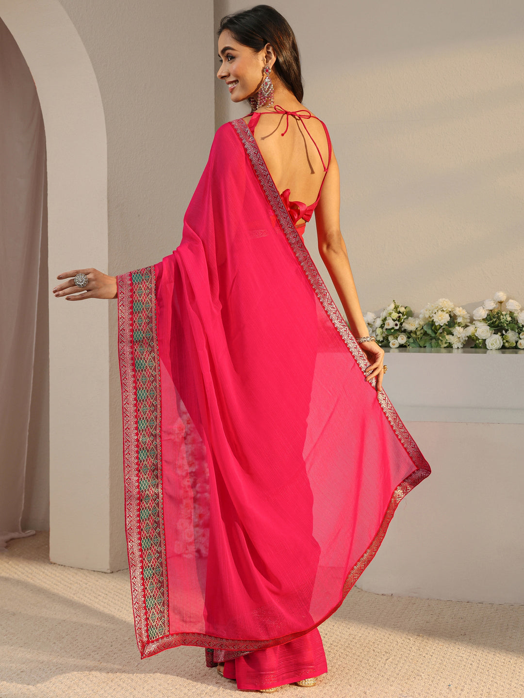  Pink Solid Georgette Saree With Unstitched Blouse Piece 
