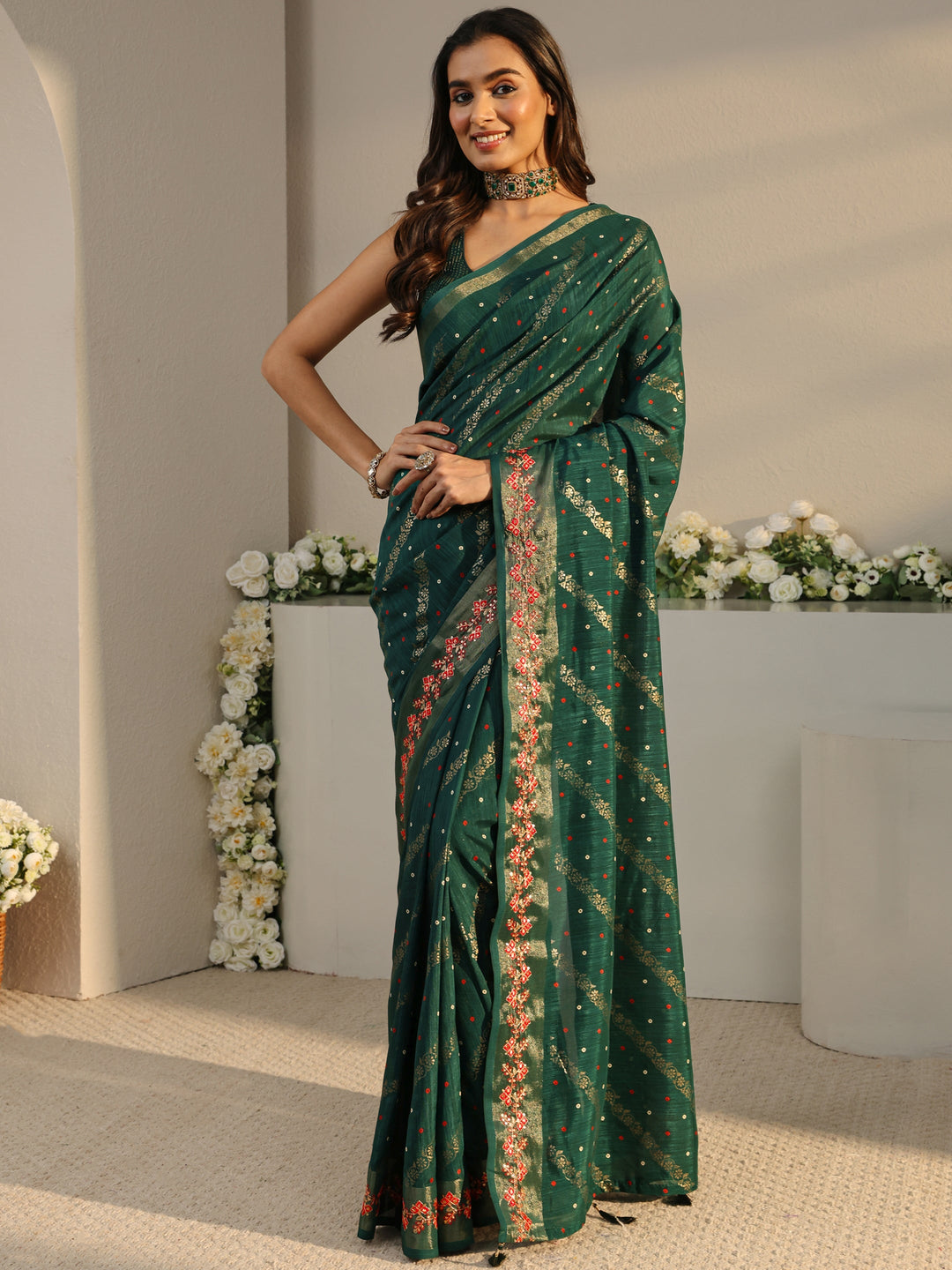  Green Floral Printed Silk Blend Saree With Unstitched Blouse Piece 