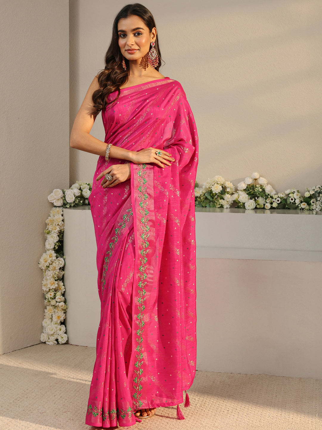  Pink Floral Printed Silk Blend Saree With Unstitched Blouse Piece 