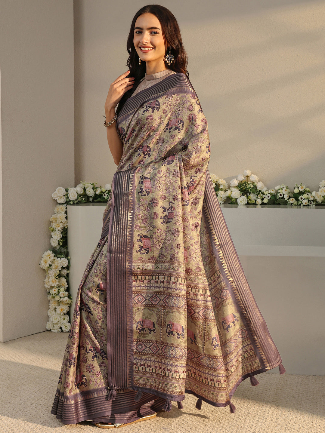  Libas Green Ethnic Printed Silk Blend Saree With Unstitched Blouse Piece 