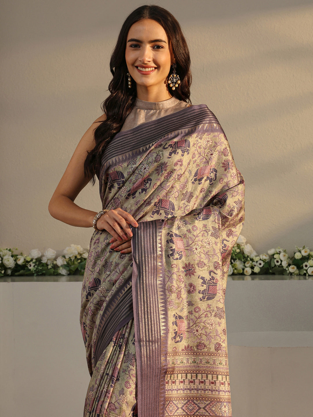  Libas Green Ethnic Printed Silk Blend Saree With Unstitched Blouse Piece 