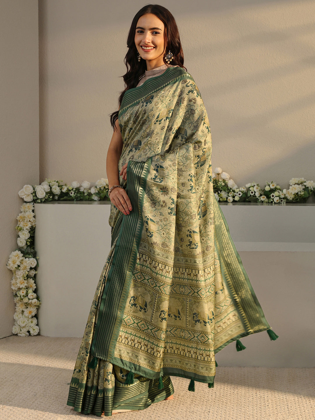  Green Ethnic Printed Silk Blend Saree With Unstitched Blouse Piece 