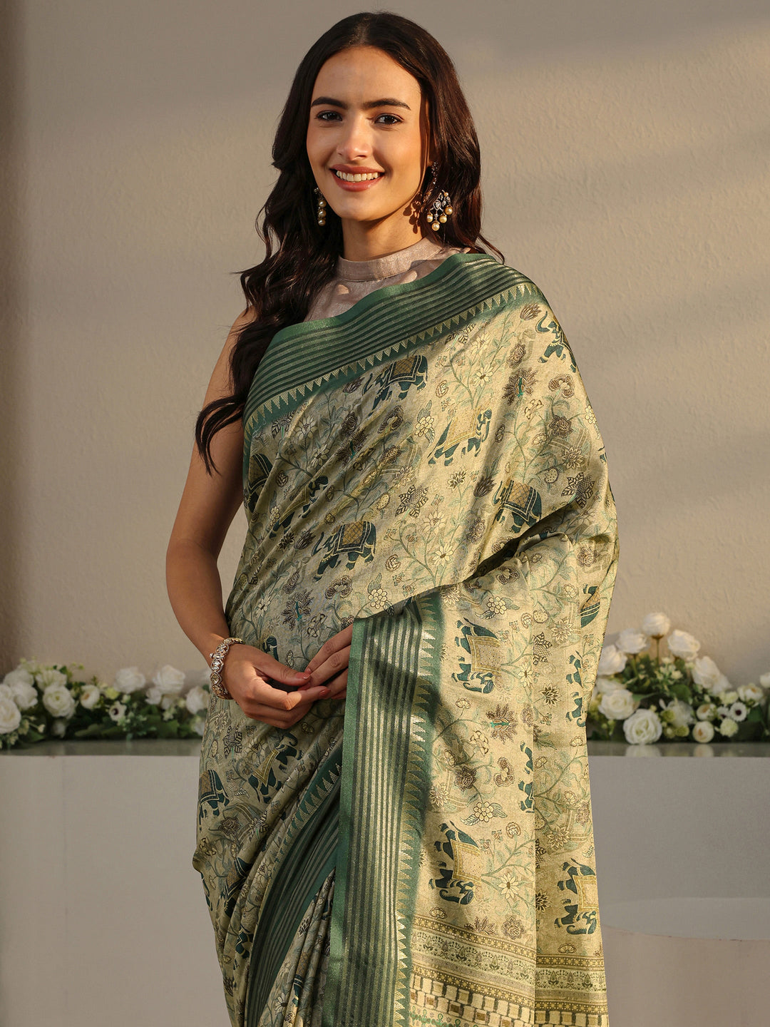  Green Ethnic Printed Silk Blend Saree With Unstitched Blouse Piece 