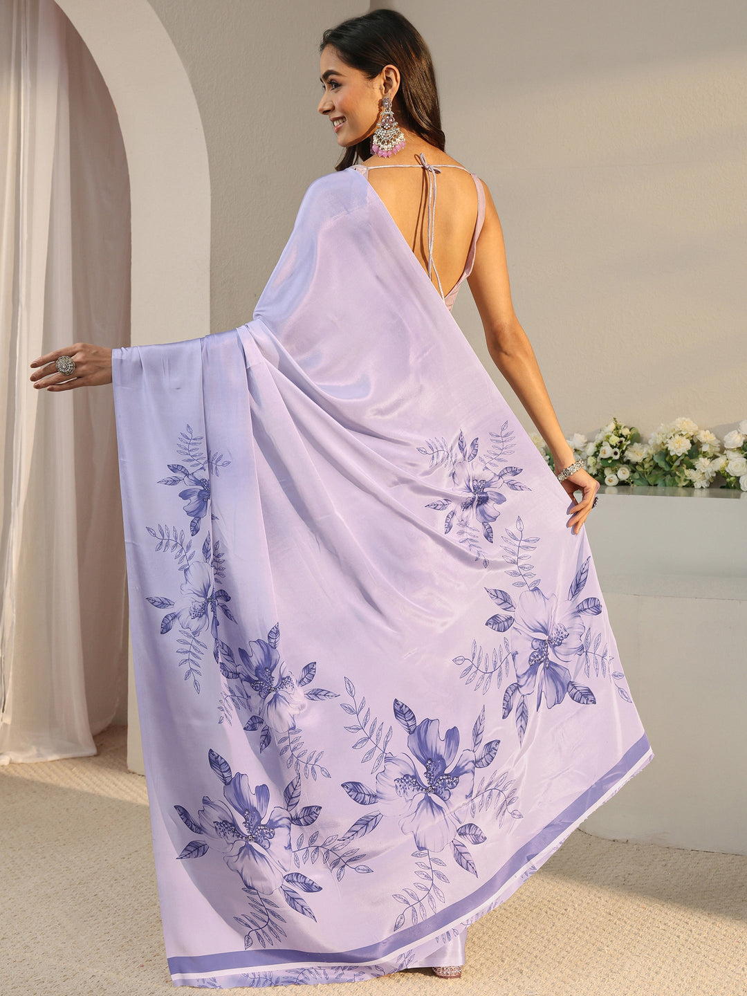  Libas Lavender Floral Printed Satin Saree With Unstitched Blouse Piece 