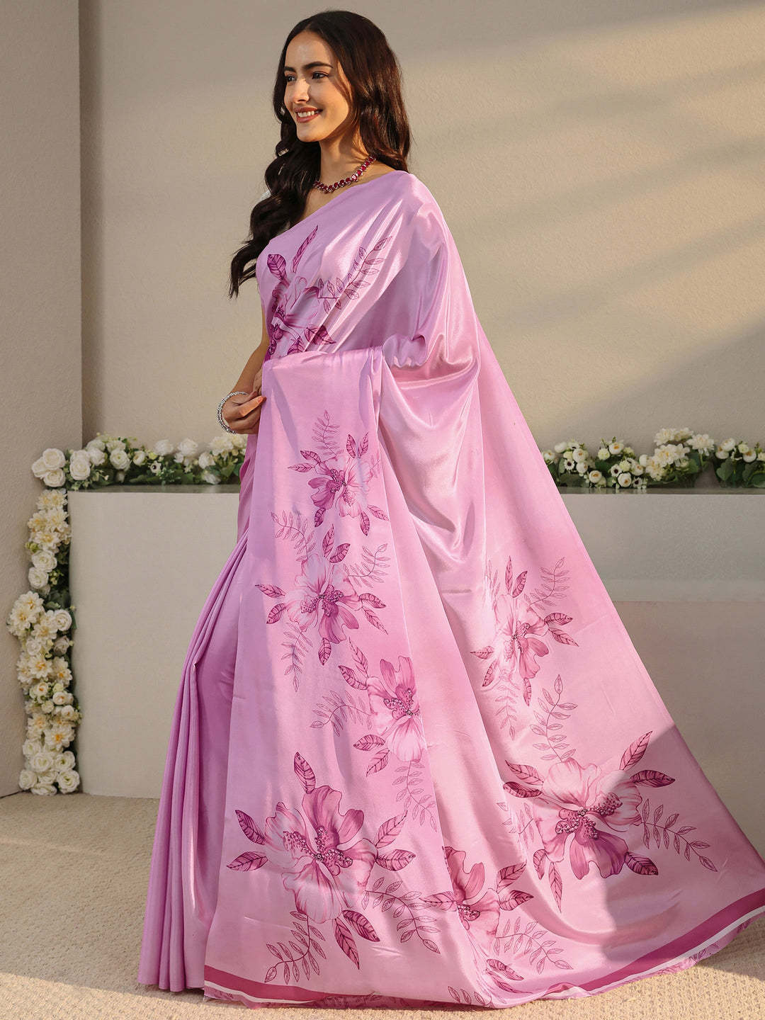  Pink Floral Printed Satin Saree With Unstitched Blouse Piece 