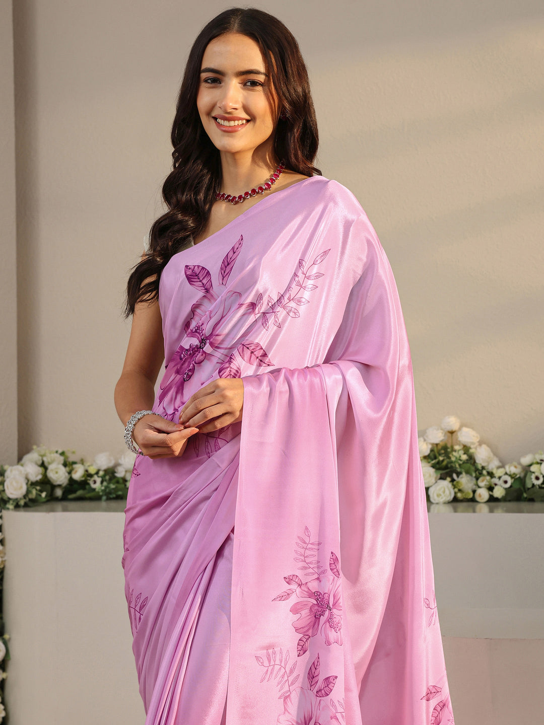  Pink Floral Printed Satin Saree With Unstitched Blouse Piece 