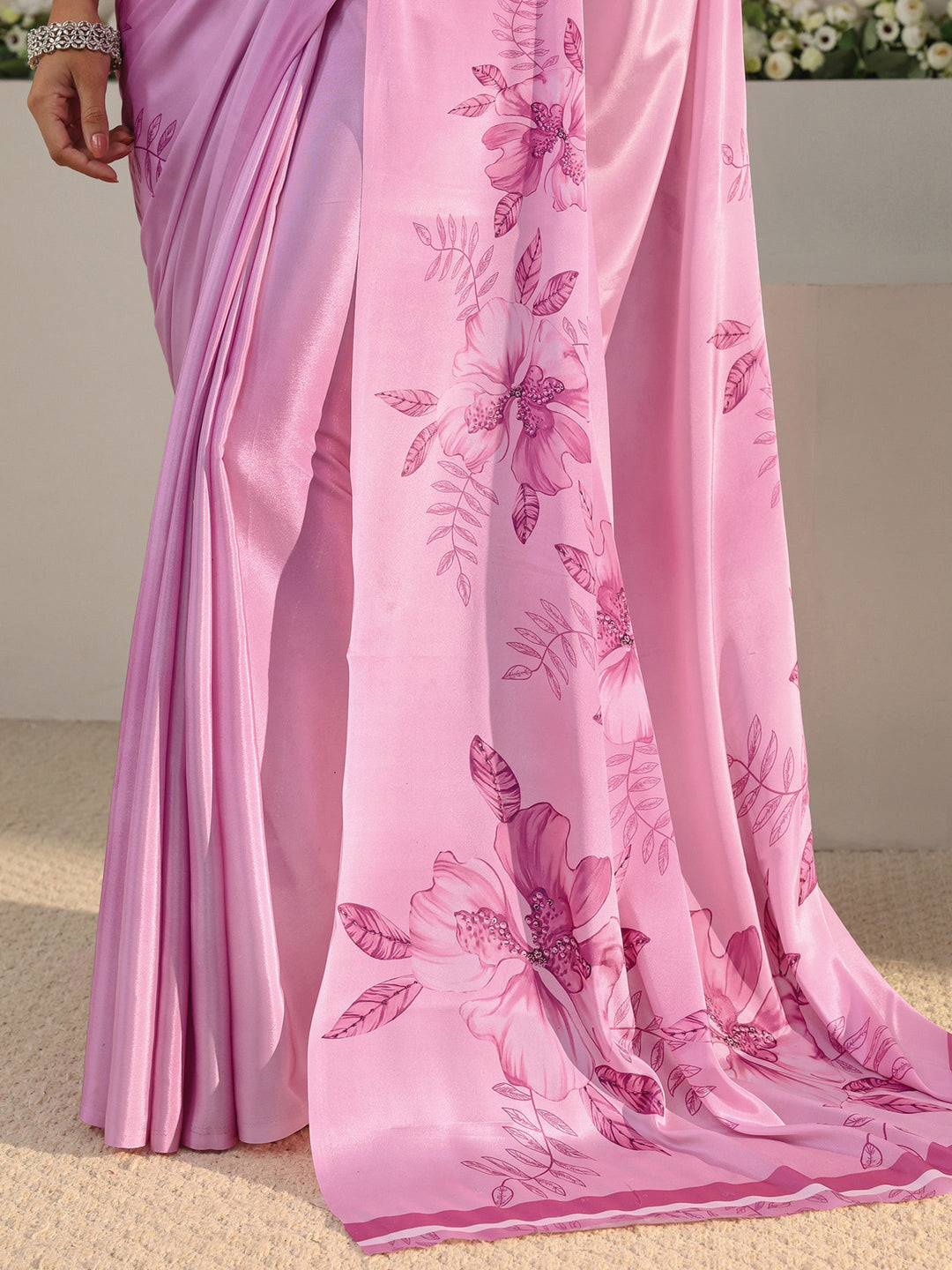  Pink Floral Printed Satin Saree With Unstitched Blouse Piece 