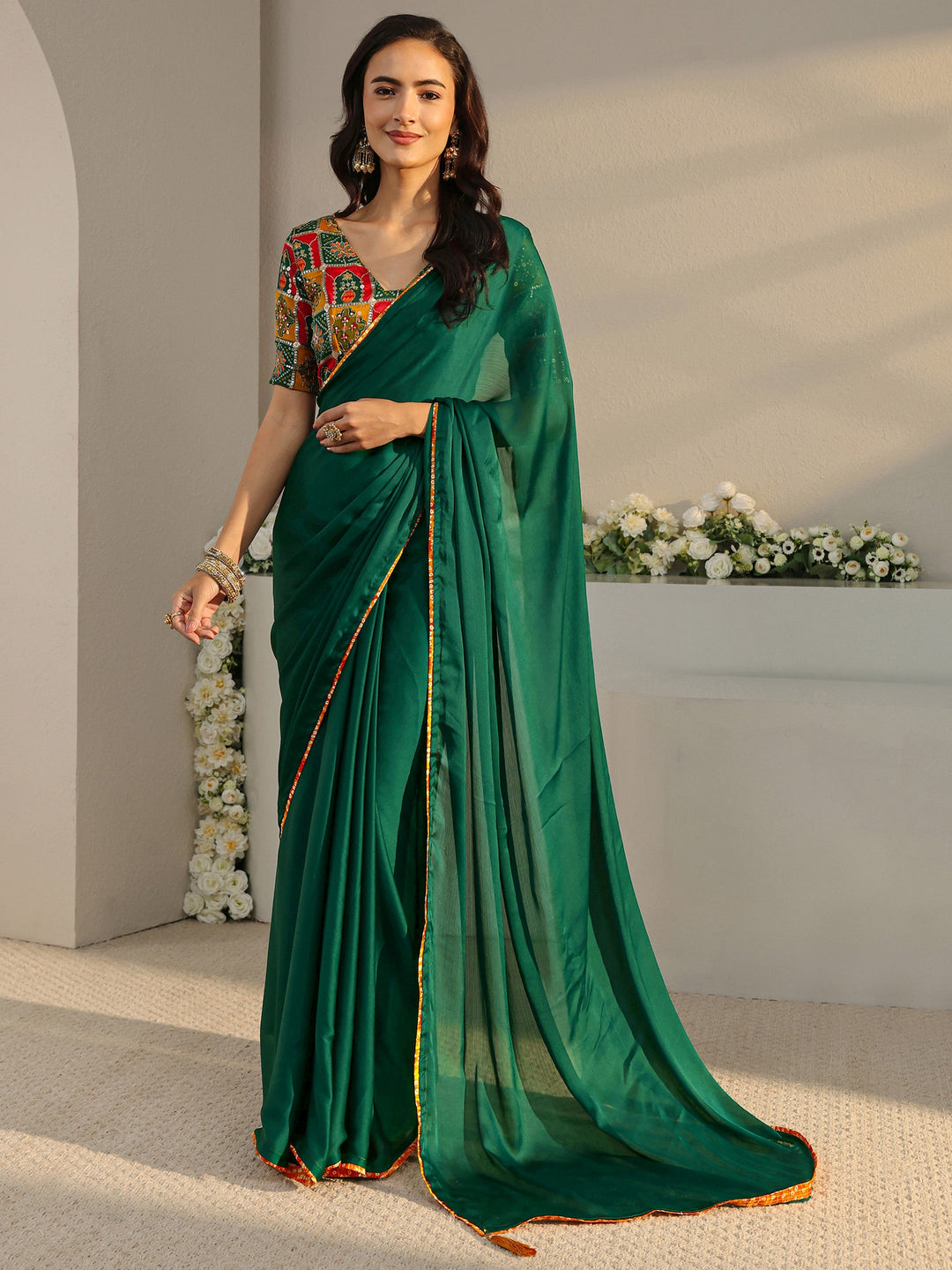  Green Solid Chiffon Saree With Unstitched Blouse Piece 