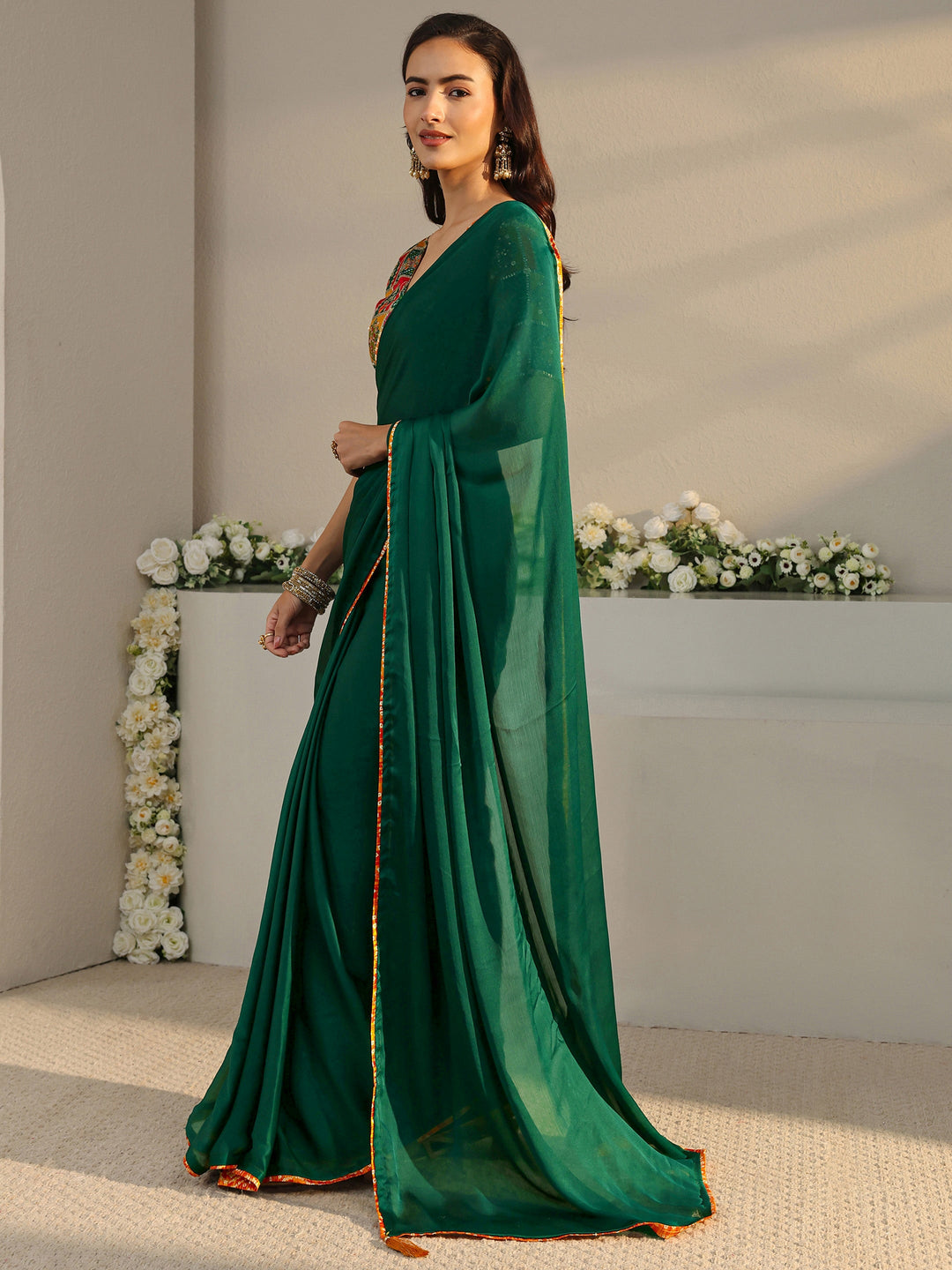  Green Solid Chiffon Saree With Unstitched Blouse Piece 