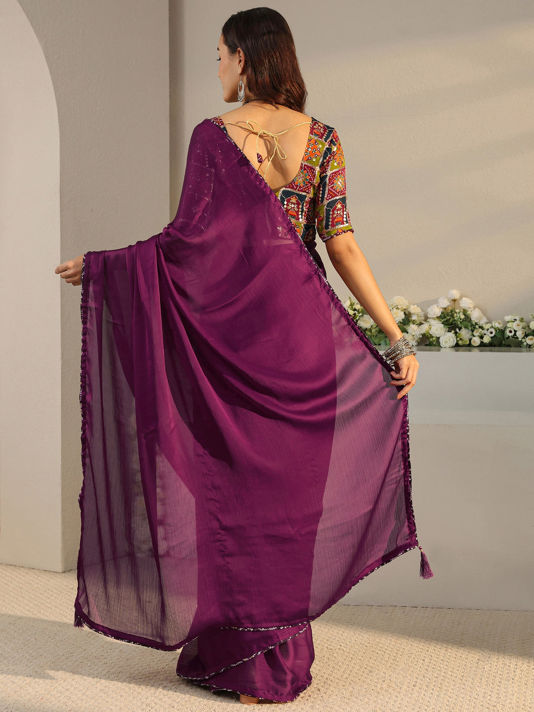  Libas Burgundy Solid Chiffon Saree With Unstitched Blouse Piece 