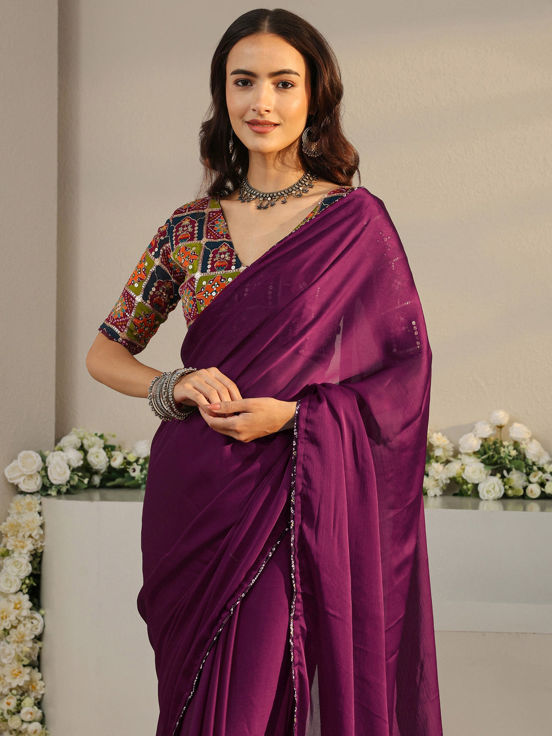  Libas Burgundy Solid Chiffon Saree With Unstitched Blouse Piece 