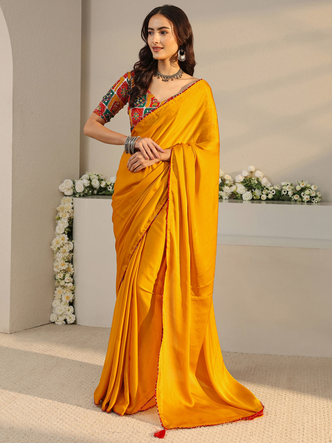  Mustard Solid Chiffon Saree With Unstitched Blouse Piece 