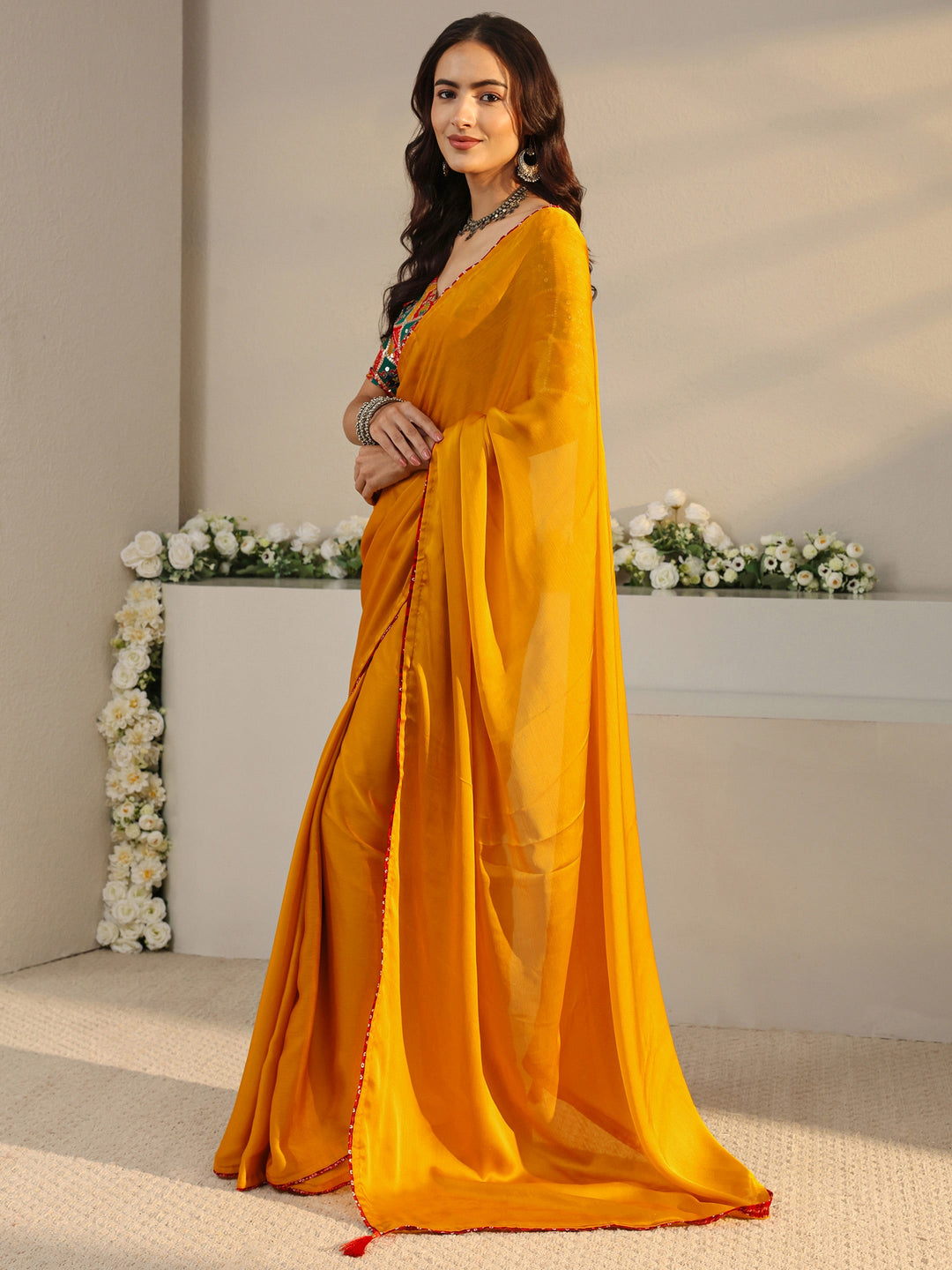  Mustard Solid Chiffon Saree With Unstitched Blouse Piece 