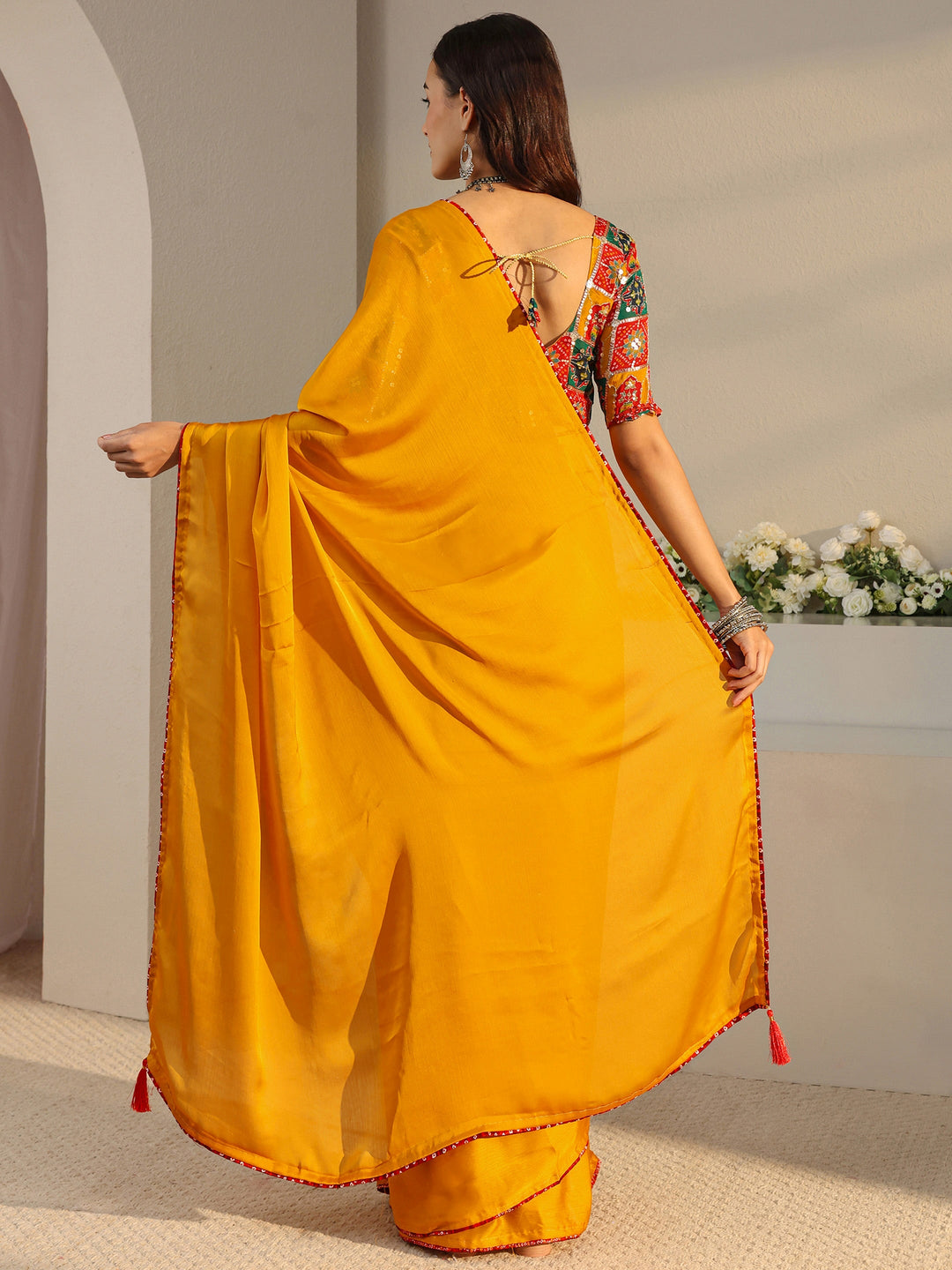  Mustard Solid Chiffon Saree With Unstitched Blouse Piece 