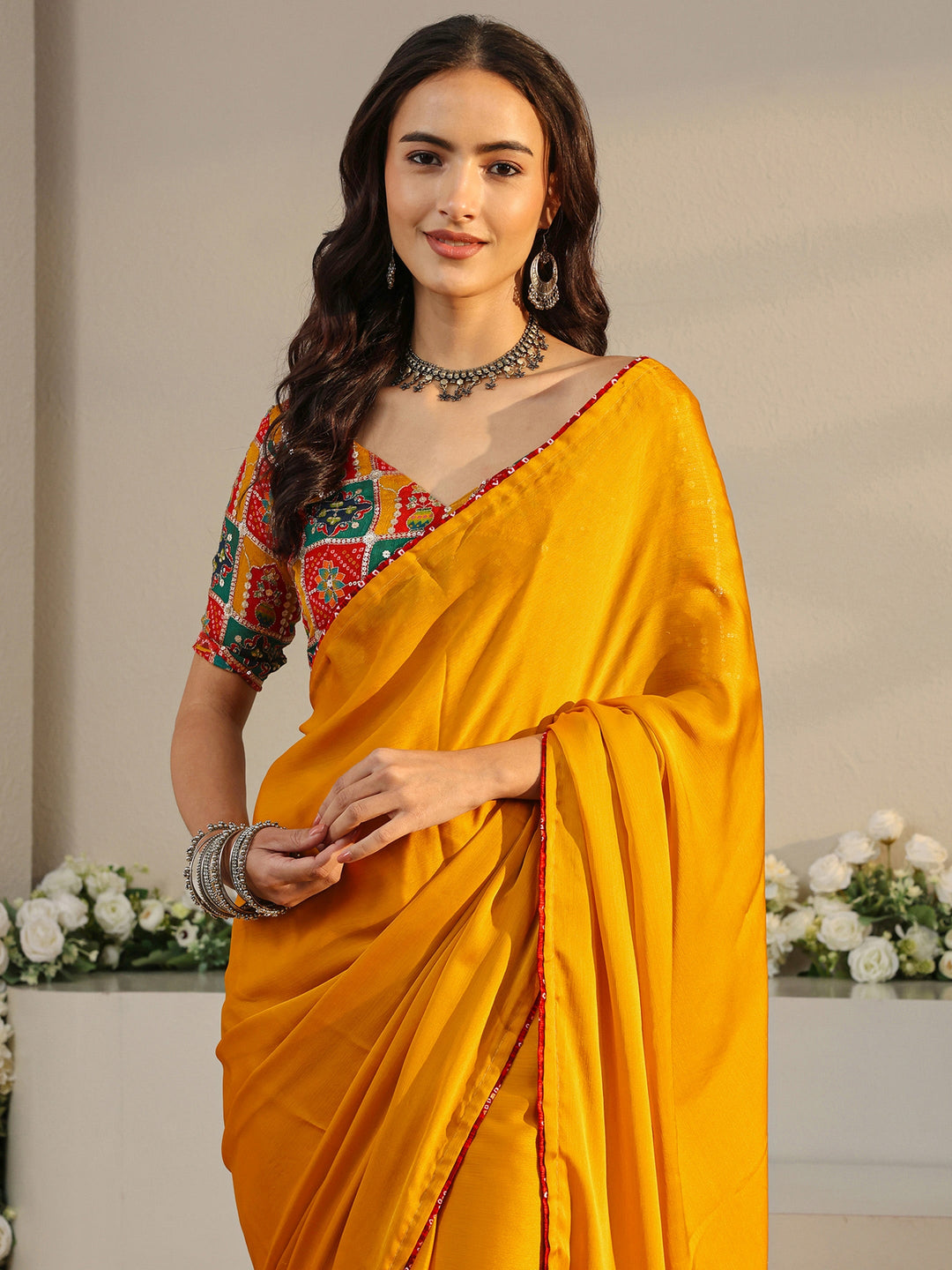  Mustard Solid Chiffon Saree With Unstitched Blouse Piece 