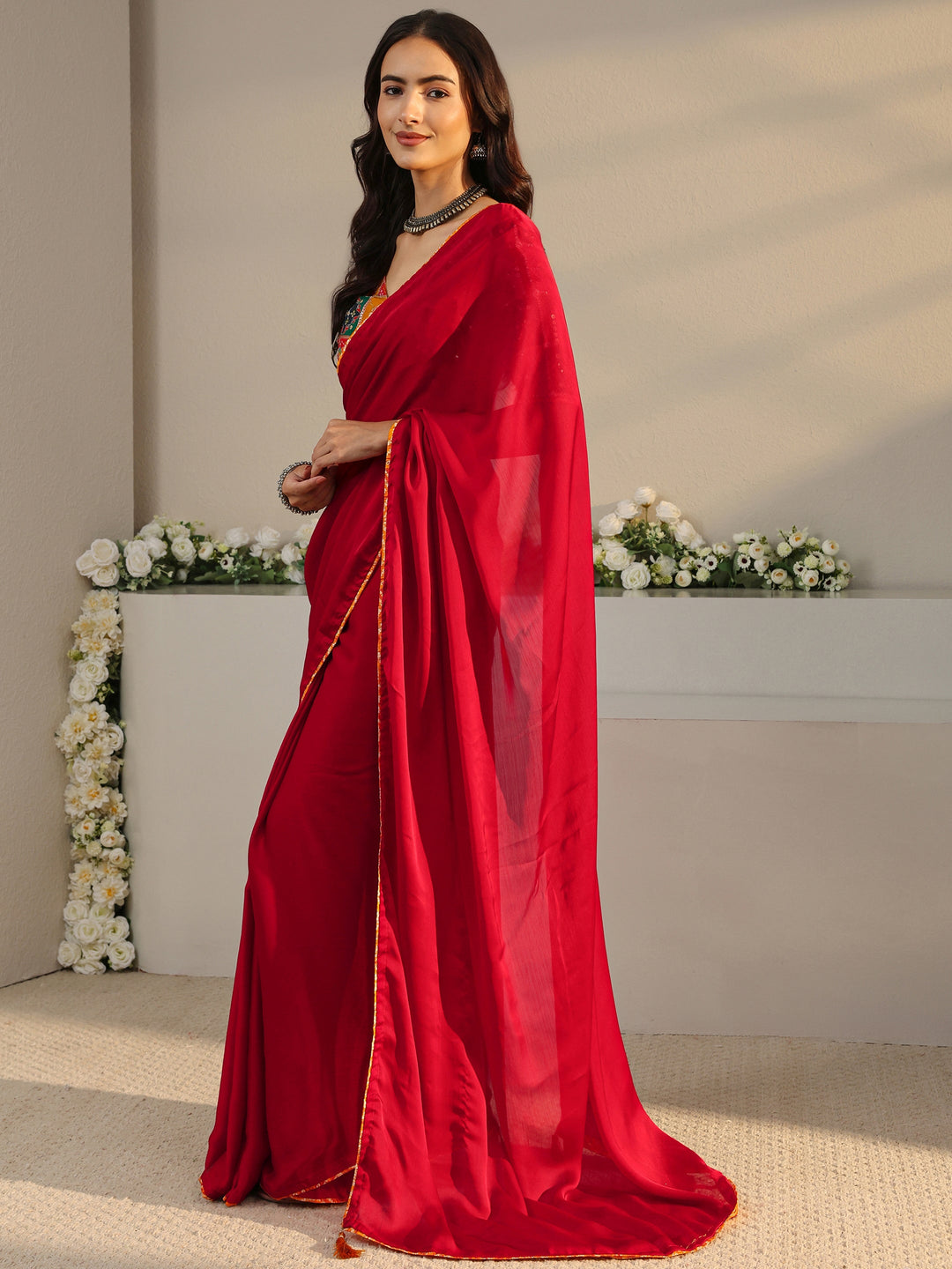  Red Solid Chiffon Saree With Unstitched Blouse Piece 
