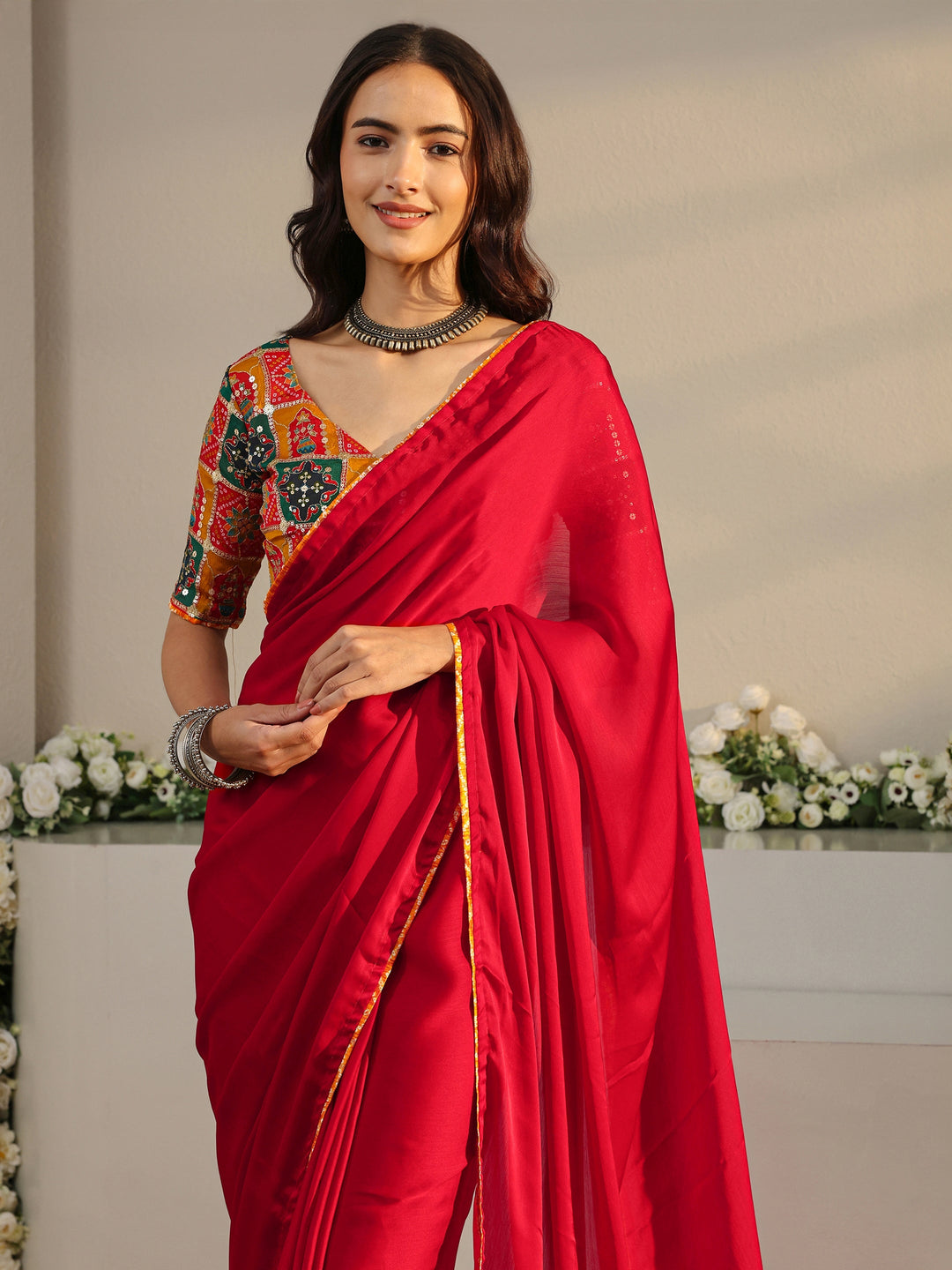  Red Solid Chiffon Saree With Unstitched Blouse Piece 