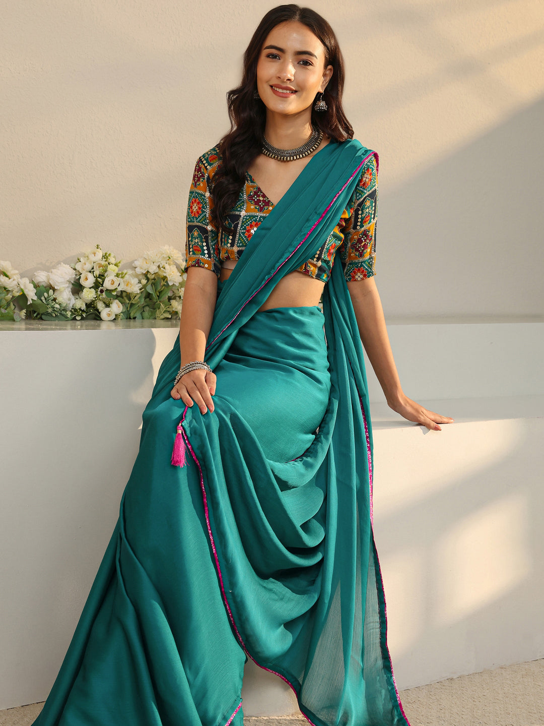  Teal Solid Chiffon Saree With Unstitched Blouse Piece 