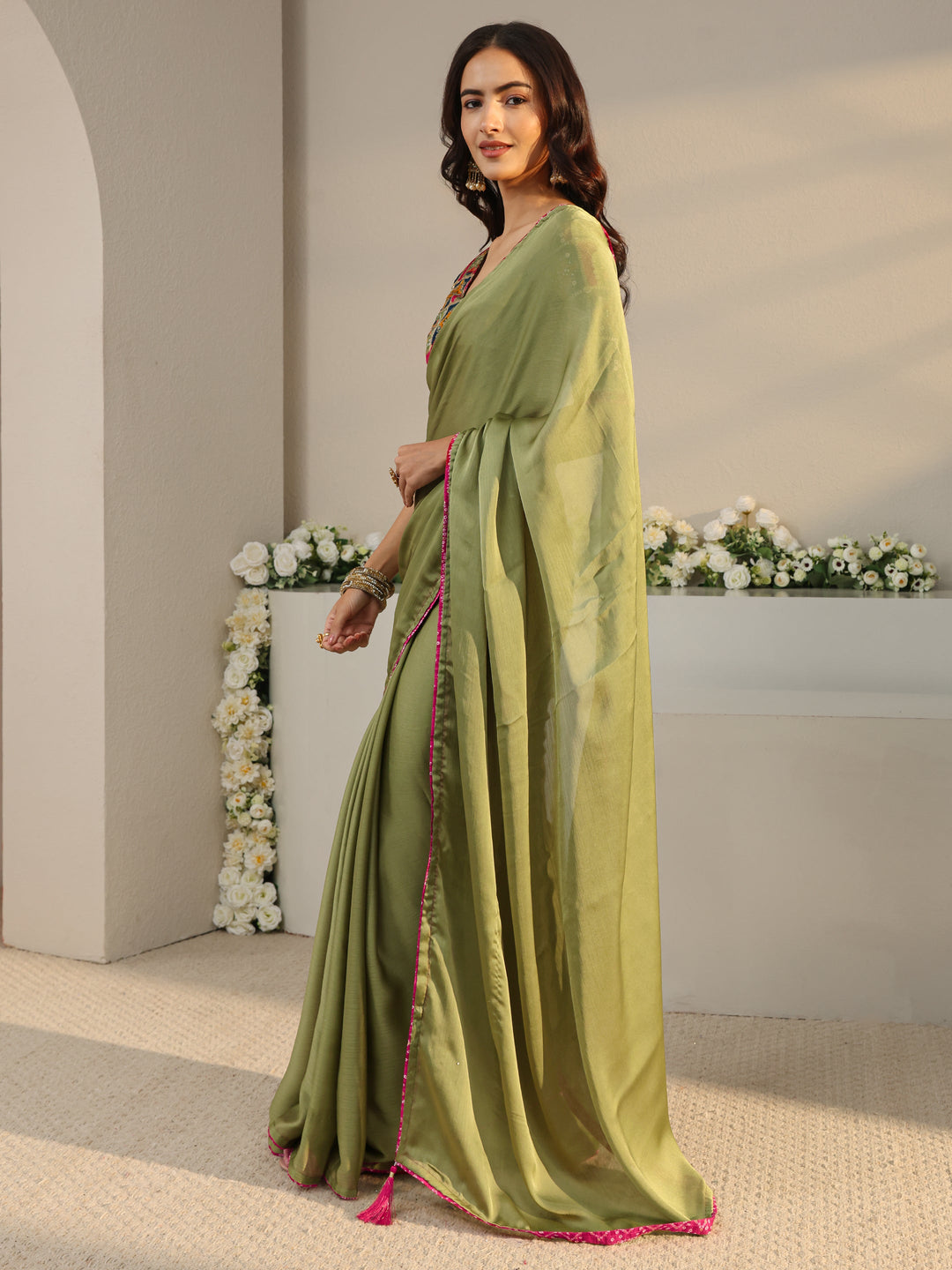  Olive Solid Chiffon Saree With Unstitched Blouse Piece 
