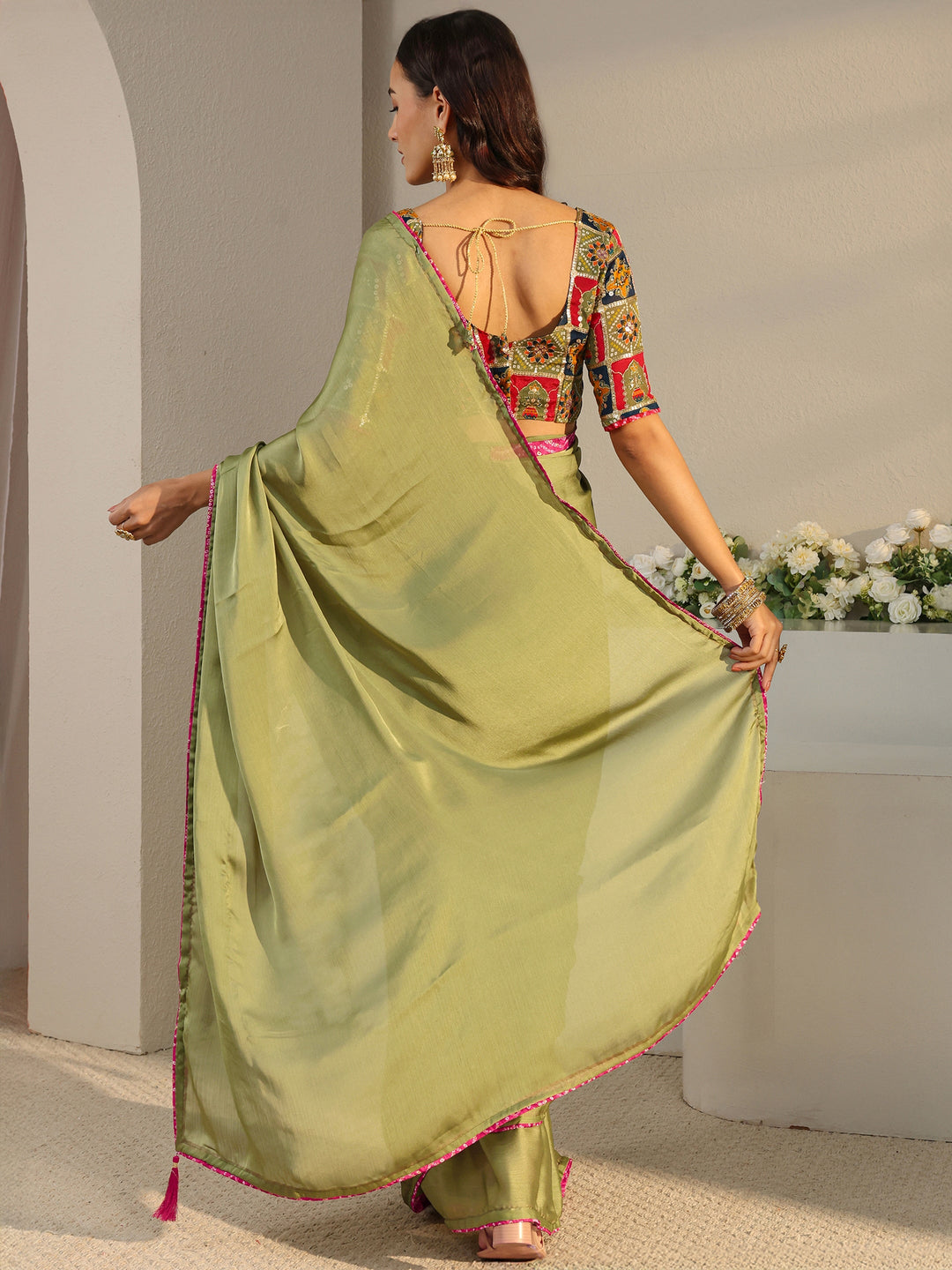  Olive Solid Chiffon Saree With Unstitched Blouse Piece 