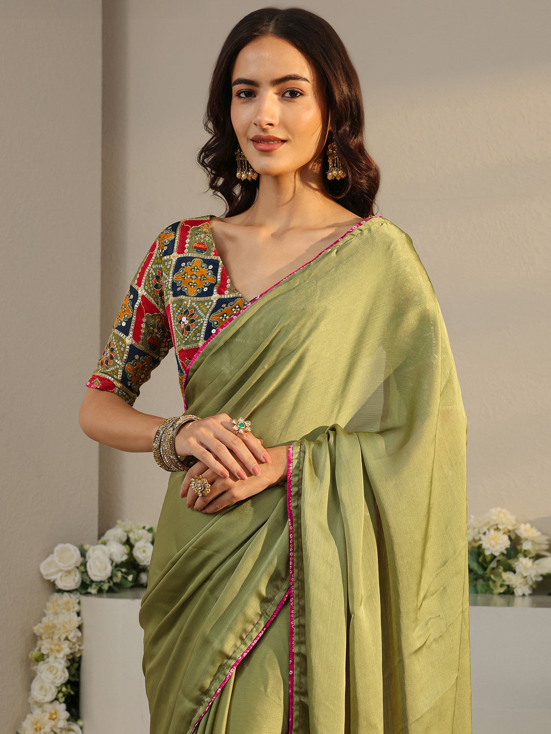 Olive Solid Chiffon Saree With Unstitched Blouse Piece 