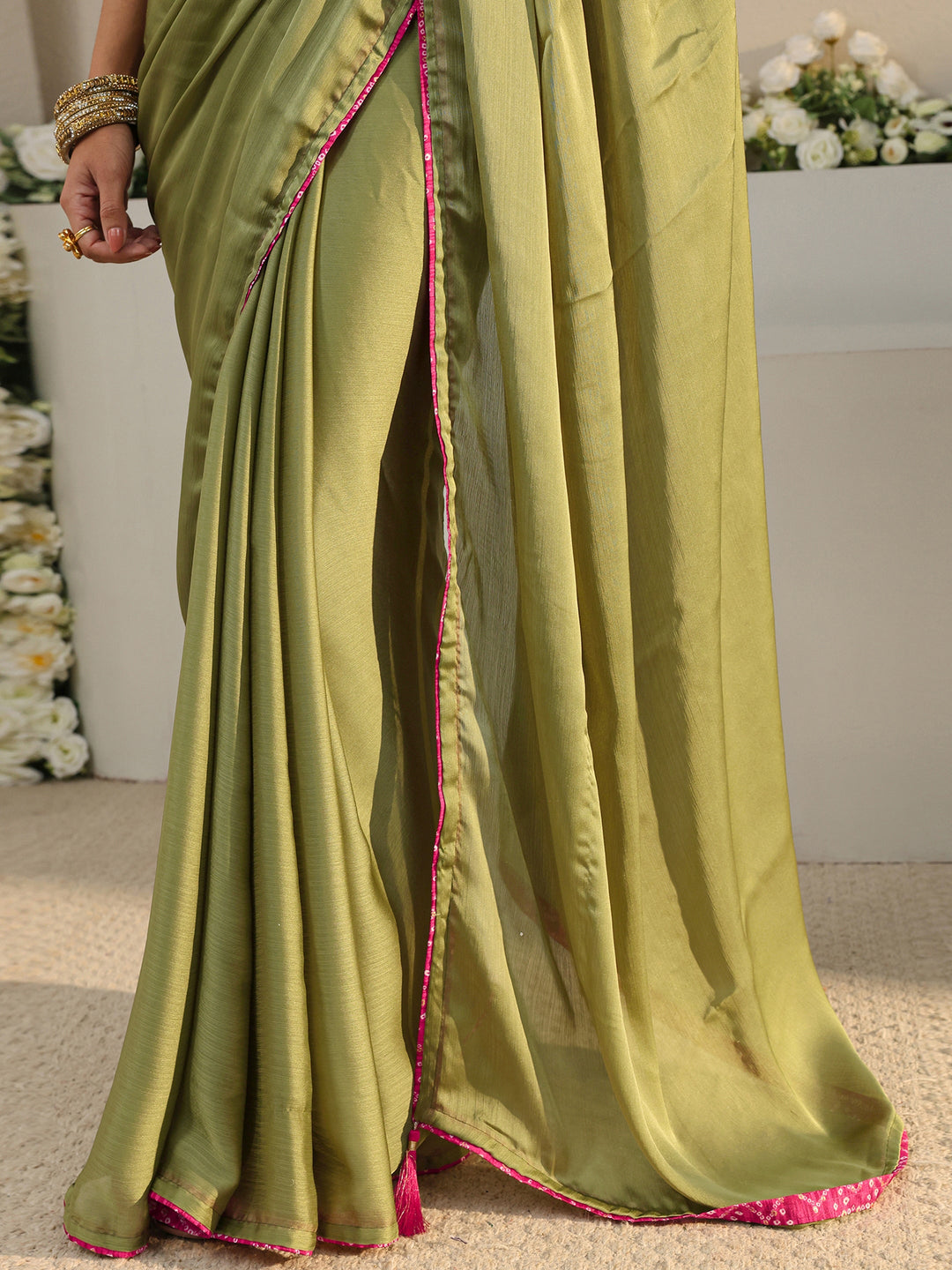  Olive Solid Chiffon Saree With Unstitched Blouse Piece 