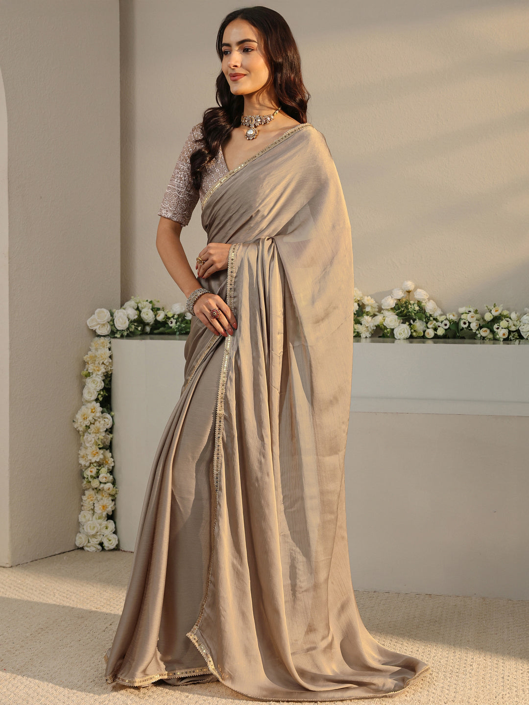  Beige Solid Chiffon Saree With Unstitched Blouse Piece 