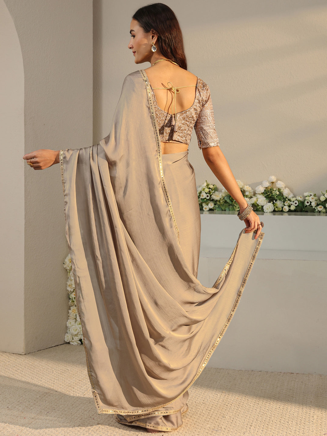  Beige Solid Chiffon Saree With Unstitched Blouse Piece 