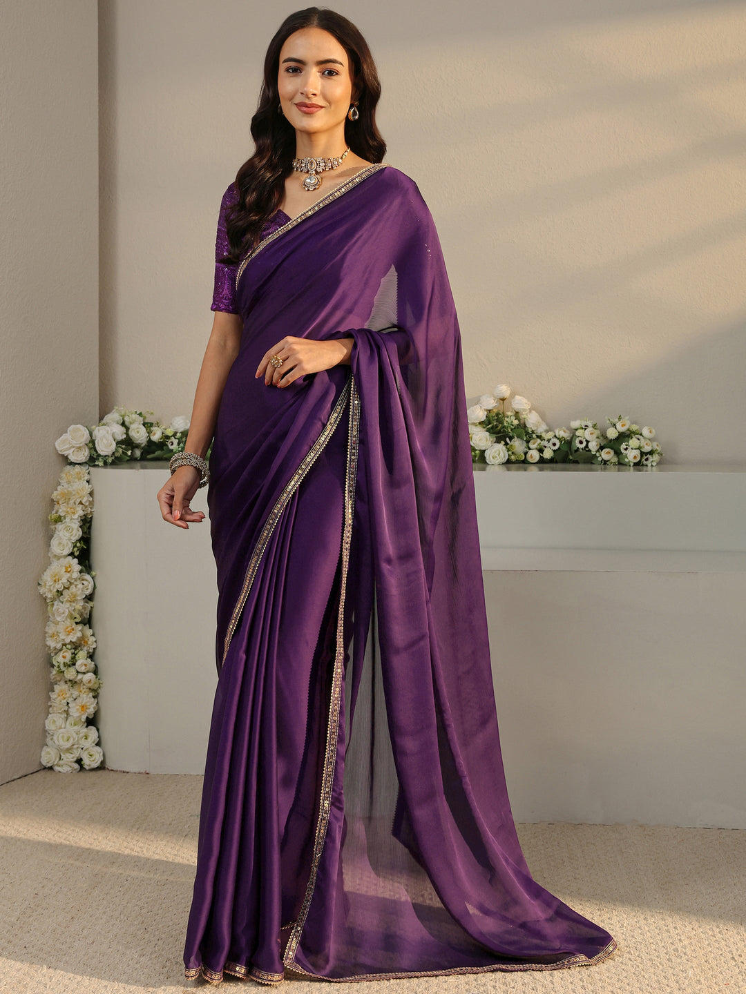  Purple Solid Chiffon Saree With Unstitched Blouse Piece 