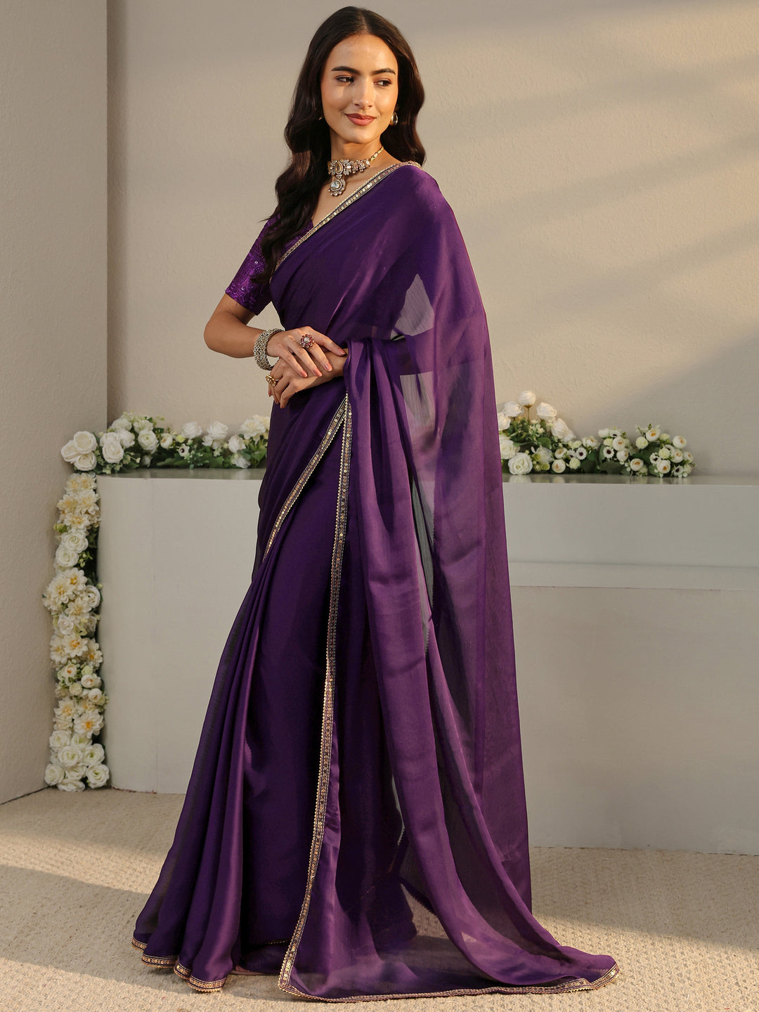  Purple Solid Chiffon Saree With Unstitched Blouse Piece 