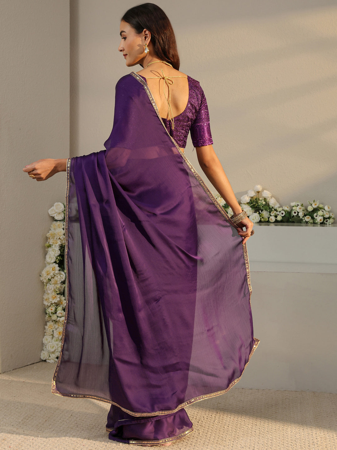  Purple Solid Chiffon Saree With Unstitched Blouse Piece 