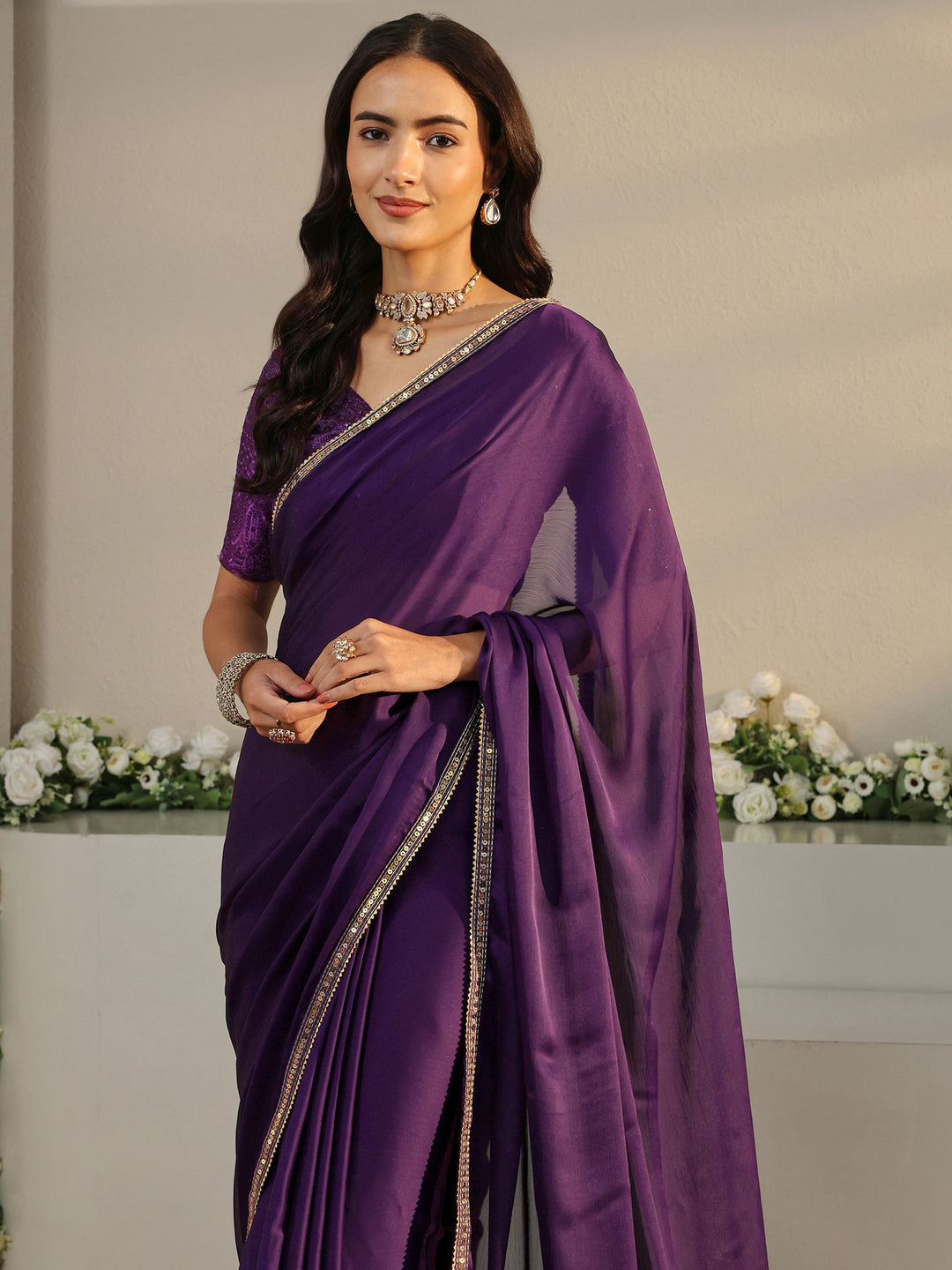  Purple Solid Chiffon Saree With Unstitched Blouse Piece 