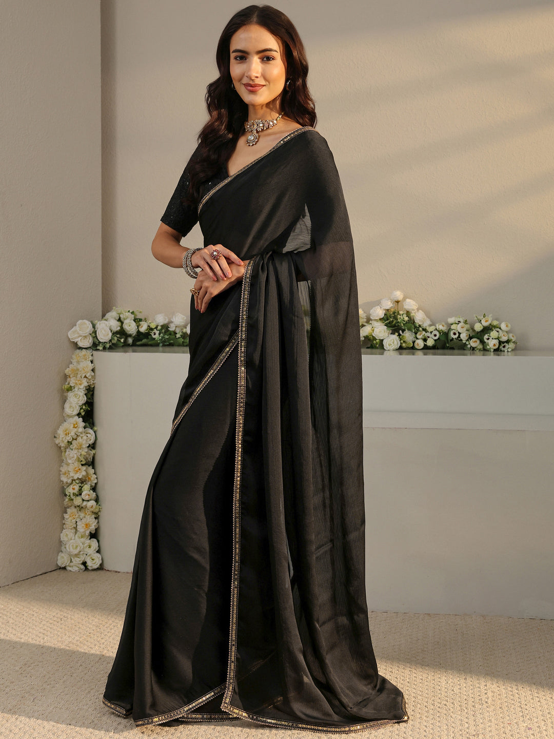  Black Solid Chiffon Saree With Unstitched Blouse Piece 