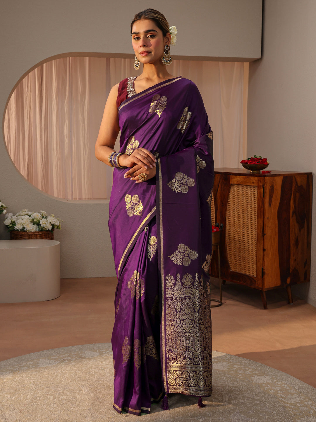  Libas Purple Floral Woven Design Silk blend Sarees with an unstitched Blouse Piece 