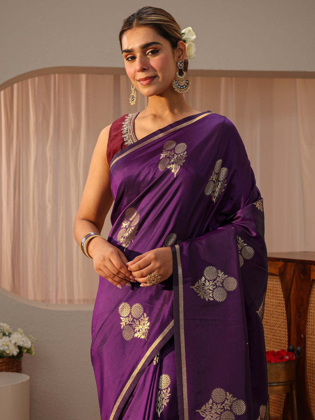  Purple Floral Woven Design Silk blend Sarees 