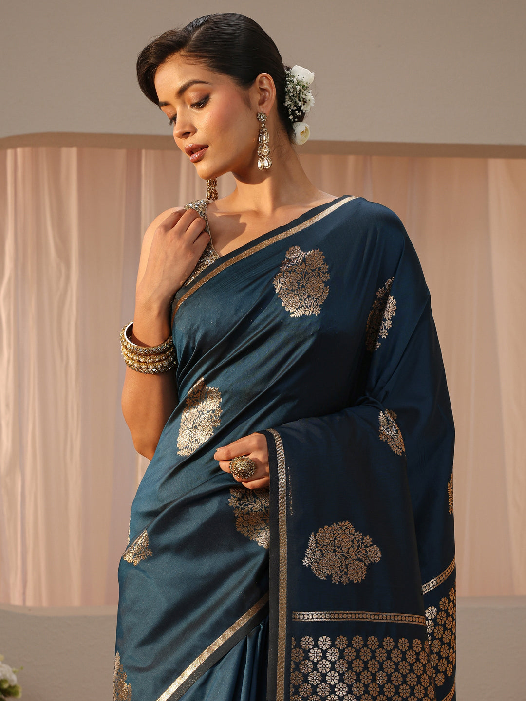  Navy Blue Kanjeevaram Silk Blend Saree 