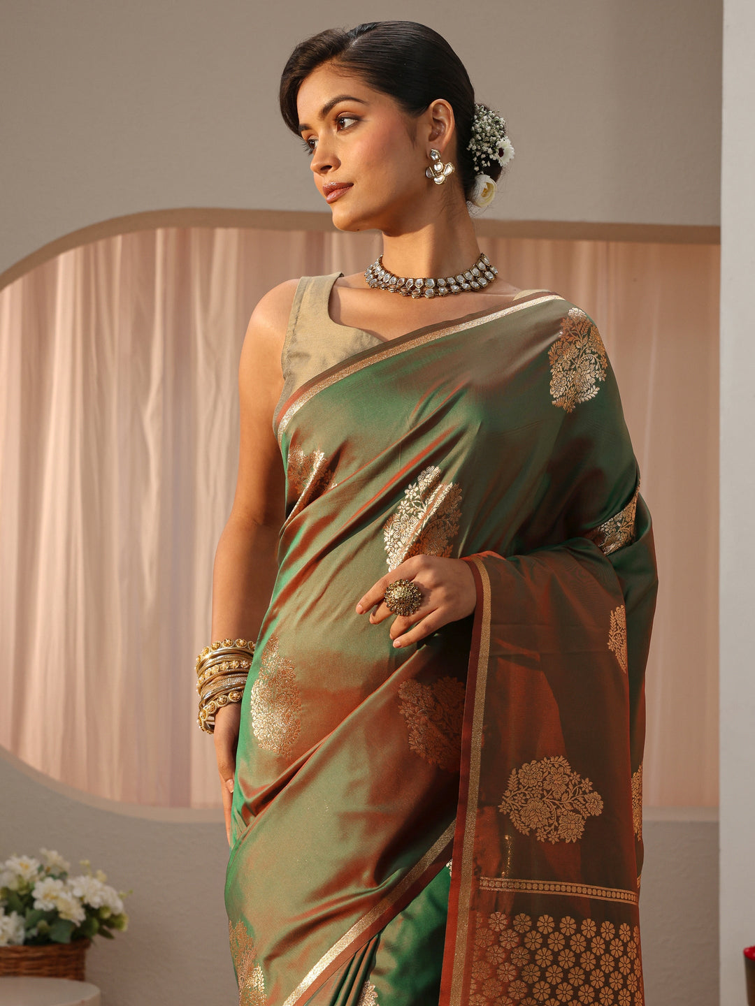  Green Kanjeevaram Silk Blend Saree 