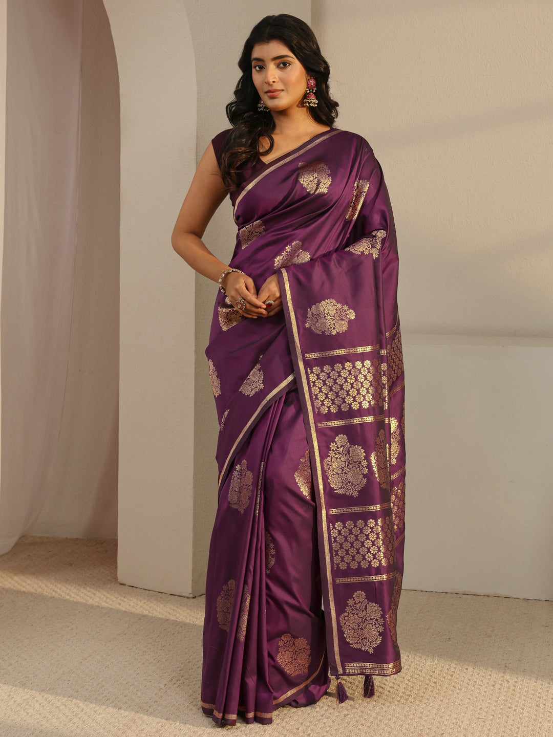  Burgundy Floral Woven Design Silk Blend Tassel Saree With Unstitched Blouse Piece 