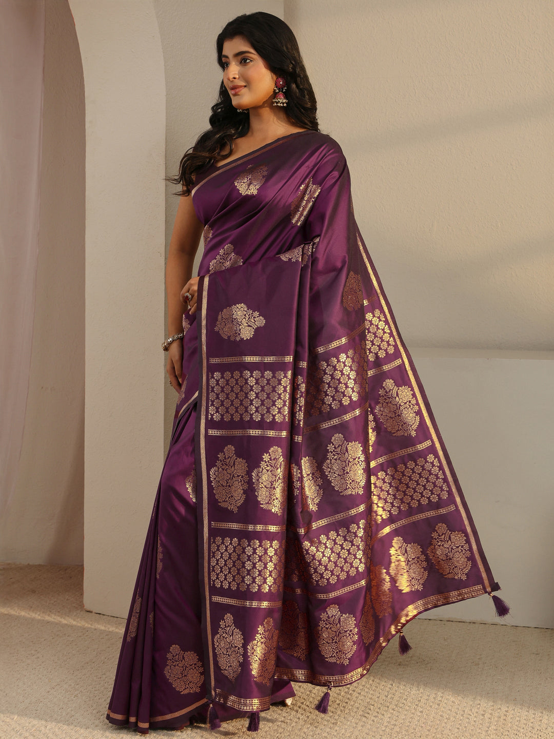  Burgundy Floral Woven Design Silk Blend Tassel Saree With Unstitched Blouse Piece 