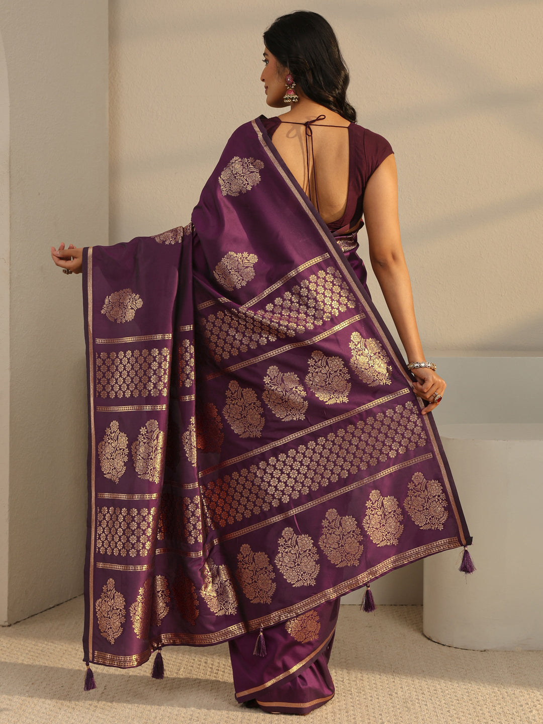  Burgundy Floral Woven Design Silk Blend Tassel Saree With Unstitched Blouse Piece 