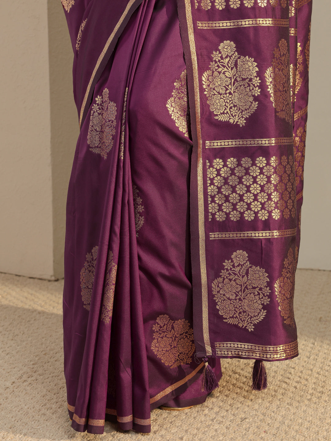  Burgundy Floral Woven Design Silk Blend Tassel Saree With Unstitched Blouse Piece 